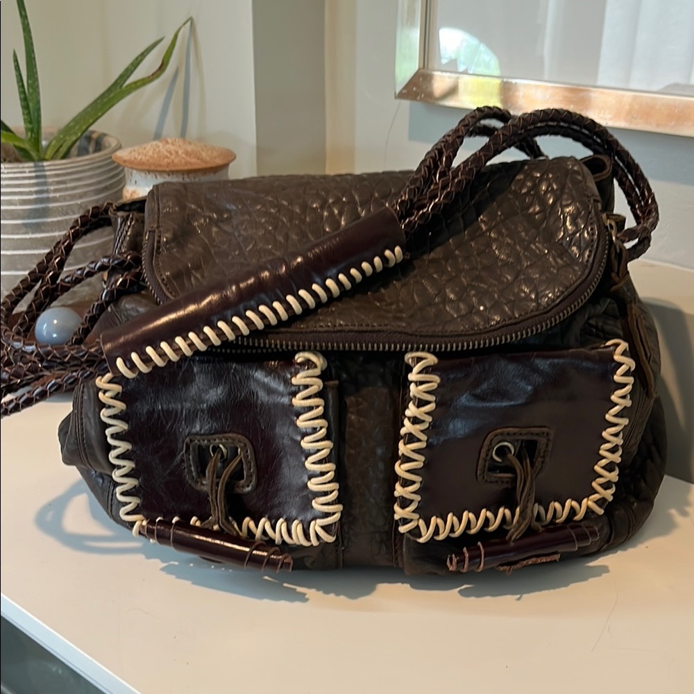 Brown Distressed Leather Shoulder Bag with Whipstitch Detail